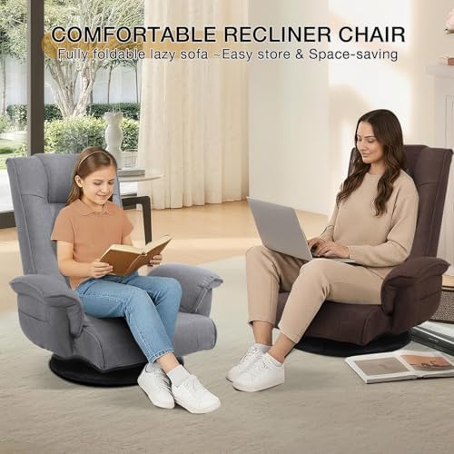 Linen Fabric Ergonomic Gaming Chair, 6-Position Reclining Sofa Bed with Lumbar Support, Foldable Floor Lounger with Thick Cushion, Armrests & Side Pockets for Esports, Reading, Napping (Light Gray)