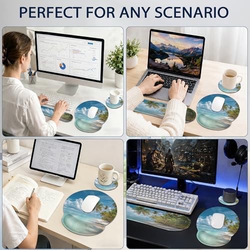 Wrist Rest Support for Mouse Pad Keyboard Set, Hawaii Beach Palm Tree Mouse Pad with Non Slip Rubber Base for Home and Office Typing Support