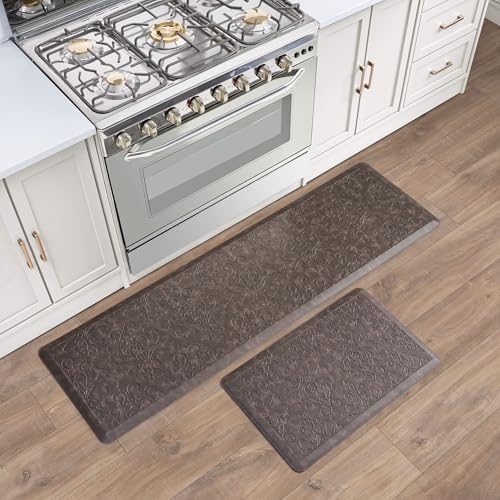 Chef Gear - Anti-Fatigue Wellness Kitchen Mat - Marni Design - Cushioned Comfort Chef Mat - Faux Leather - Cooking & Standing Relief -Skid-Resistant - Set of 2-17.5"x 60"/ 17.5"x28"- Mocha