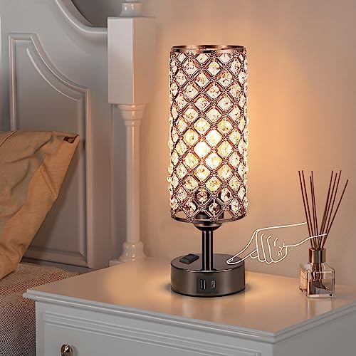 Hong-in Crystal Table Lamp Touch Control Set of 2, 3-Way Black Crystal Lamps with USB C+A Ports & AC Outlet, Dimmable Nightstand Desk Lamps,Modern Bedside Table Lamp for Bedroom(Bulbs Included)