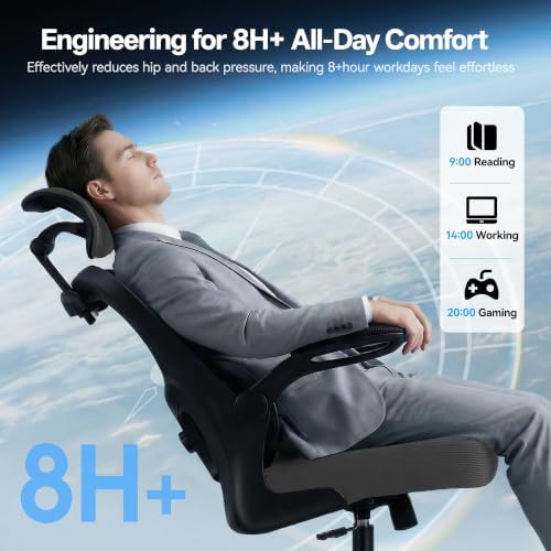 AreShark Office Chair Ergonomic Desk Chairs with Adjustable Lumbar Support& Headrest Hanger, High Back Breathable Mesh Chair with Wheels, Rolling Swivel Comfy Task Computer Chair for Home Work Gaming