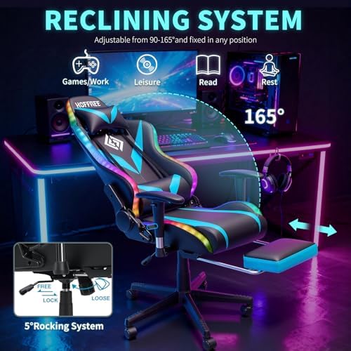 Led Gaming Chair with Speakers Massage 165° Reclining Computer Chairs-Blue