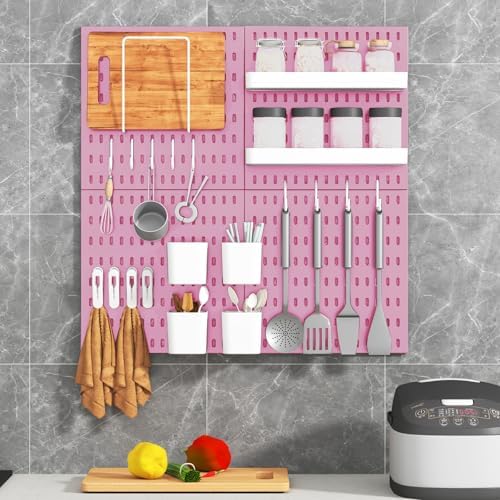 Peg Board Combination Kit, 8 Pegboards with 40 Accessories, Pegboard Wall Organizer for Office, Nursery & Home Storage, Key Holder, 51.2"x25.6" – Nail-Free Installation(Pink)