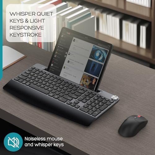 GAMCATZ Ergonomic Wireless Keyboard and Mouse with Wrist Rest,Phone Holder - 2.4GHz Full-Sized Low-Profile Quiet Wireless Mouse and Keyboard Combo for Computer, Laptop, PC, Mac-Black