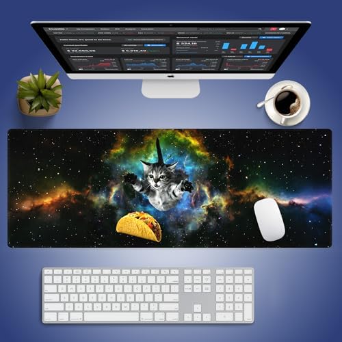 Cute Space Cat Meme Large Mouse Pad, Galaxy Kitten Chasing Taco Desk Mat