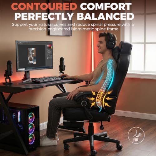 GTPLAYER Gaming Chair with Footrest, 350LBS Big and Tall Office Chair, Ergonomic High Back Lumbar Support and Recliner for Back Pain Relief, Black