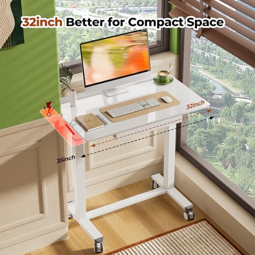 Gibbon Mounts 32inch Glass Standing Desk, Small Rolling Table with Drawer