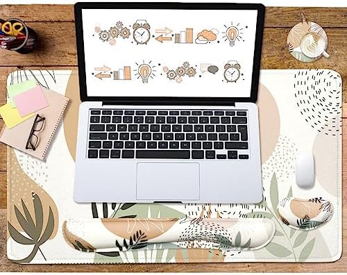 4-in-1 Large Mouse Pad, Keyboard Wrist Rest Pad & Wrist Support Mousepad Set, Extended Desk Pad Waterproof Desk Mat for Home Office Study Game - Leave