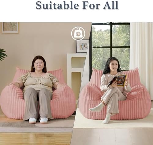 Giant Plush Bean Bag Chair for Adults with Armrests - Oversized Comfy Pink Beanbag Lounge Lazy Floor Sofa Accent Chair for Living Room, Bedroom & Dorm, Cozy Fluffy Single Cloud Mini Couch