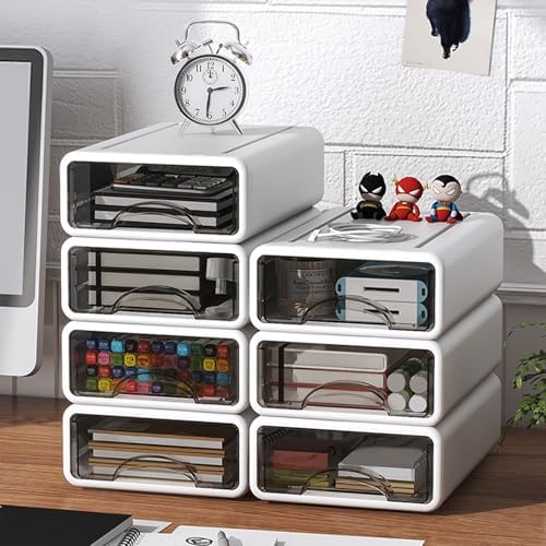Desk Organizer with Drawers, Stackable Storage Drawers with Compartments Desktop Organization for Office Supplies, Makeup, Pencils, Tape, Erasers, Paperclips, Chargers (White 2S2M)