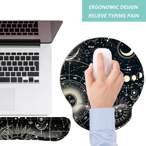 Keyboard Wrist Rest Pad Mouse Pad with Wrist Support Set of 3, Mousepad with Non-Slip Rubber Base, Ergonomic Memory Foam Mouse Wrist Cushion Support for Home Office Laptop Computer, Moon Phase