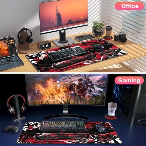 Desk Mat, Large Gaming Mouse Pad with Wrist Rest, 4in1 XXL Mousepad+Keyboard Wrist Rest+Mouse Pad Wrist Support+Cup Coaster Set Ergonomic Computer Desk Arm Wrist for Decor Home Office Women