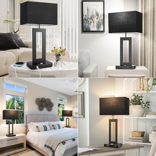 3 Color Temperatures Black Table Lamps for Bedrooms Set of 2, 22ββ Touch Control Bedside Nightstand Lamps with 2 USB Ports & AC Outlet, Modern Lamp Sets for Living Room, Stepless Dimming, Black Shade