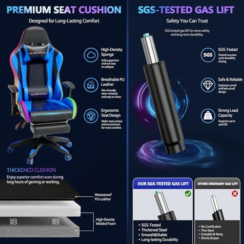Mr IRONSTONE RGB Gaming Chair with Bluetooth Speakers, Multi-Point Vibration Massage Gaming Chair (Seat, Back & Lumbar), Ergonomic High Back Recliner, Footrest for Adults, Iridescent Blue