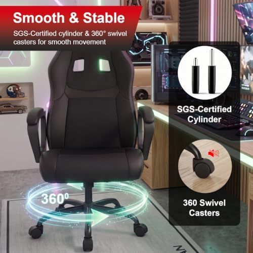 FDW Gaming Chair Leather+Breathable Mesh Computer Chair Executive Support Ergonomic Office Desk Chair with Armrests 360° Swivel & Caster Five Star Metal Base for Office or Gaming