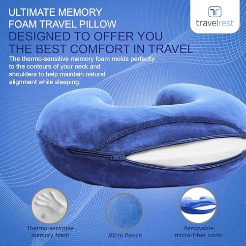 TRAVELREST Curl Neck Pillow Travel Essentials - Memory Foam Support - Blue