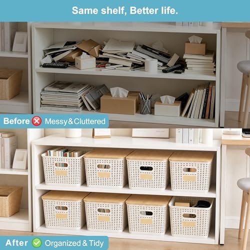 Bagnizer 2 Pack Tall Plastic Storage Bins with Bamboo Lids, 10.8qt Stackable Storages Baskets for Organizing Desktop Closet Playroom Classroom Office, 12"L x 8.3"W x 6.1"H, Cream White