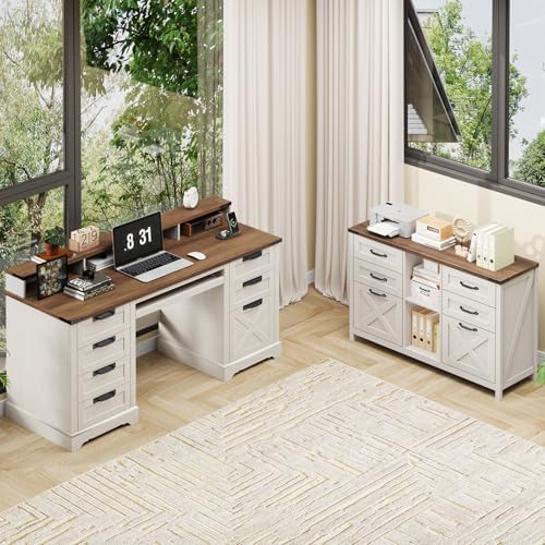 Halitaa Farmhouse Lateral File Cabinet with 6 Drawers, White and Brown