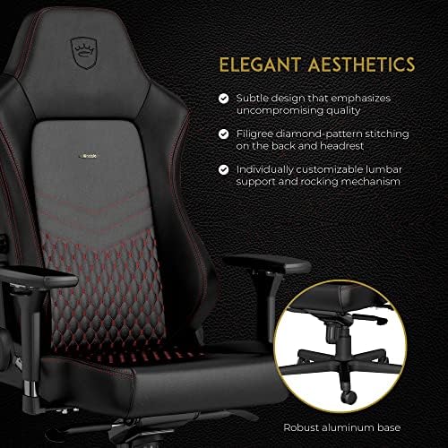 noblechairs Hero Gaming Chair/Office Chair with Lumbar Support, Real Leather, Black/Red