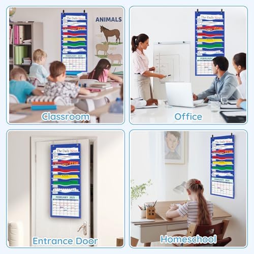 ALSLEA 15" Extra Wide Hanging File Organizer with 8 Pockets - Heavy Duty Classroom Pocket Chart, Wall Mounted Document Organizer with Writable Clear Pocket, 5 Wall/ Door Hooks & 12 Labels (Blue)