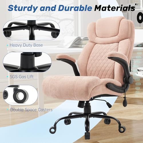 500LBS Big and Tall Executive Office Chair with Adjustable Lumbar Support,Extra Wide Seat Ergonomic Computer Desk Chair Flip-up Arm,Home Office Chair Spring Cushion Upgraded Metal Base, Fabric Pink