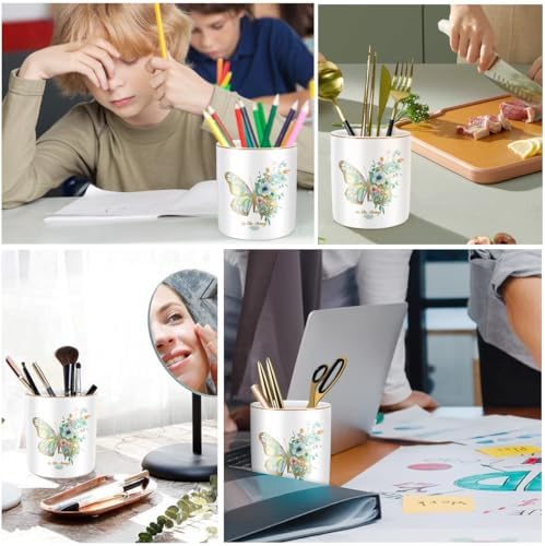 Cute Pen Holder for Desk, Ceramic Durable Pencil Cup, Simple&Modern Style Makeup Organizer, Multifunctional Office Supplies for Home, Kids and School, Butterfly Pattern