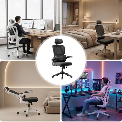 Ergonomic Office Chair with Dynamic Lumbar Support & Adjustable Headrest – High Back Desk Chair with 90° Flip-up Arms, Comfort Mesh Computer Chair for Home Office Long Hours Sitting, Black