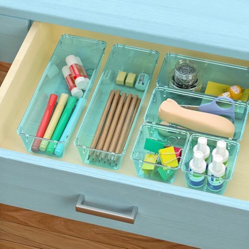6 Pack Clear Drawer Organizer Set, Drawer Storage Trays, Storage Bins