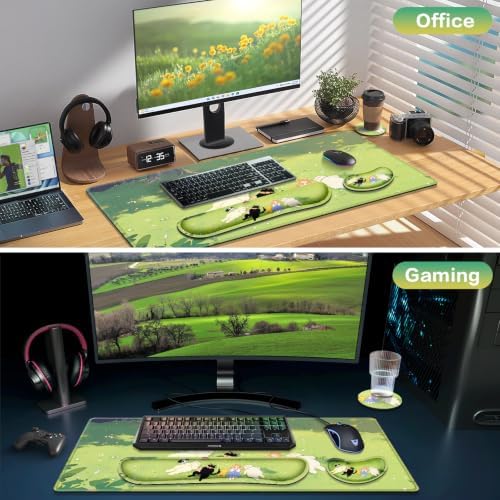 Desk Mat, Large Gaming Mouse Pad with Wrist Rest, 4in1 XXL Mousepad+Keyboard Wrist Rest+Mouse Pad Wrist Support+Cup Coaster Set Ergonomic Computer Desk Arm Wrist for Decor Home Office Women