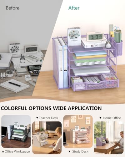 WALI Desk File Organizer, 5 Tier Desktop Paper Letter Tray Organizer with Drawer and 2 Pen Holders, Office Desk Accessories & Workspace Organizers for Office, Home Supplies(DO006DH-V), 1 Pack, Purple