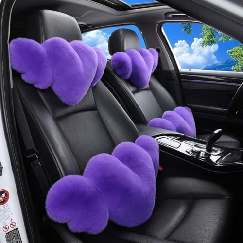 2 Pack Heart Shaped Plush Car Neck Pillows, Soft Car Headrest Cushion for Driving Travel Office Chair, Cute Cars Interior Decor Accessories for Women Girls(Violet)