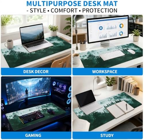Extended Misty Forest Desk Mat, XXL Large Gaming Mouse Pad, Tree Woodland Nature Stitched Edges Waterproof with Non-Slip Rubber Base for Computer Keyboard Laptop Work Home Office 35.4"x15.7"