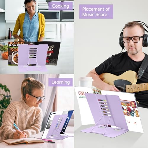 Honagu Book Stand Metal Desk Book Holder, Book Holders for Reading Hands Free, Adjustable Cookbook Documents Holder, Portable Bookstand for Music Books, Textbook, Recipe, Tablet, Ipad (Light Purple)