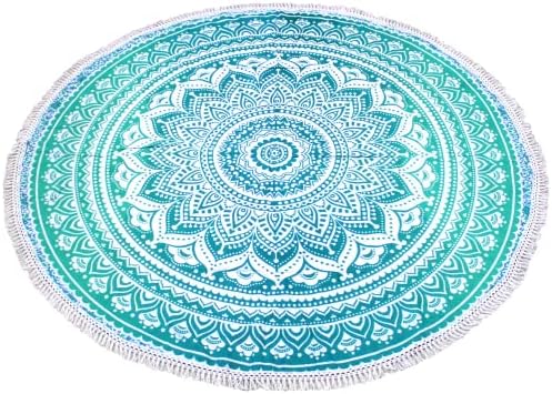 Round Beach Tapestry Turquoise Mandala Throw/Boho Hippie Beach Blanket Roundie/Indian Cotton Bohemian Large Round Table Cloth-Home Decor/Yoga Mat Meditation Picnic Rug (70", Green and White)