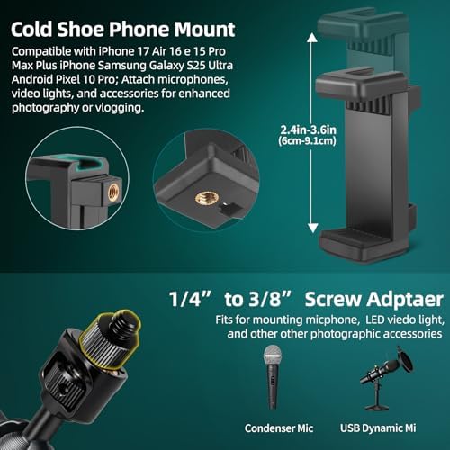 22" Magic Arm Clamp, Overhead Phone Mount Holder Stand, Flexible Desk Camera Mount, Articulating Friction Boom Arm with 1/4" 3/8" Threads for Phone, DSLR, Action Camera,Filming, Light, Webcam, Mic