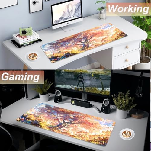 Gaming Mouse Pad 31.5x11.8 inch XL Large Extended Mouse Pad, Big Mousepad Desk Mat for Computer with Non-Slip Rubber Base and Stitched Edge-Maple Leaves