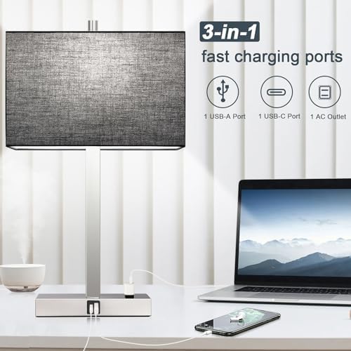 21" Touch Bedside lamps with 2 USB & AC Outlets, 3-Way Dimmable Bedside Table Lamps Set of 2 for Bedroom Living Room Office Reading, Black Shade Lamps for Night Stands, 5000K LED Bulbs Included