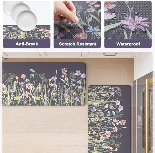 KIMODE Anti Fatigue Kitchen Mat for Floor, Floral Kitchen Rugs Sets of 2