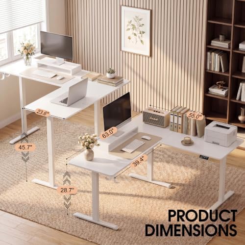 Furmax 63 x 55 Inch L Shaped Standing Desk with 2 Preset Heights, Electric Height Adjustable Computer Table, 2 Hooks & Feet Balance, Corner Sit Stand Desk for Home Office (White, 63 x 55 Inch)