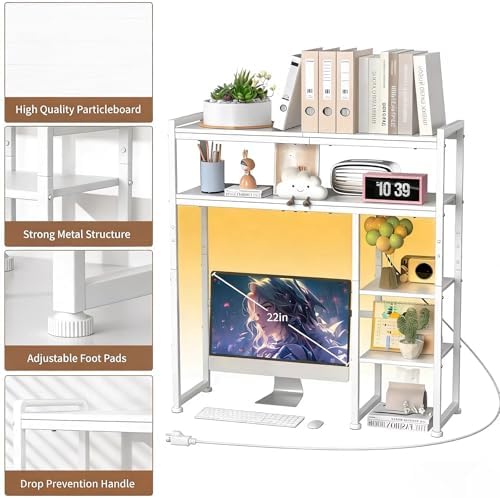 Aetheris Desktop Organizer Shelf, 30" Wooden Office Storage Rack with Outlets, Display Shelf Rack with Light Strip, 5 Tier Desktop Display Rac, Desk Shelf, Desk Hutch for Computer Monitor (White)