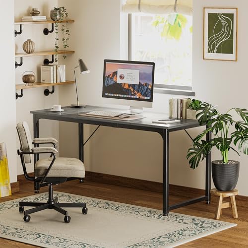 Huuger Computer Gaming Desk, 63 Inch Office Desk with Storage, Writing Work Surface for Home Office, Study, Modern Simple Style, Large Legroom, Metal Frame, Grey