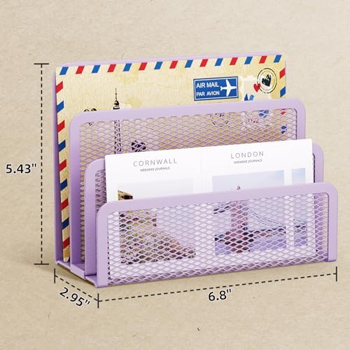 Marbrasse Mail Organizer for Desk, 3-Slot Mesh Metal Mail Holder countertop, Letter Holder, Office Desktop Envelope and Document Storage Rack (Purple)