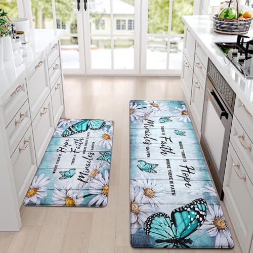 Likiyol Butterfly Floral Kitchen Rugs 2 Piece Farmhouse Kitchen Mats Cushioned Anti Fatigue, Non Slip Washable Kitchen Mats for Floor White Daisy Kitchen Floor Comfort Mats, 18'' x 30'' + 18'' x 48''