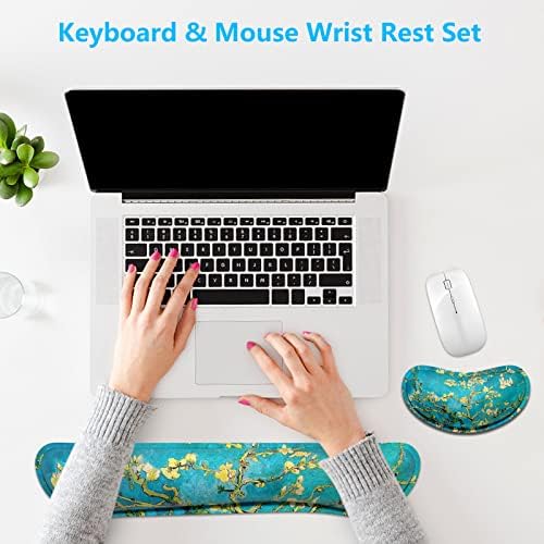 Dapesuom Enlarge Keyboard Wrist Rest, Memory Foam Wrist Cushion for Desk Mats Support, Cute Pain Relief Keyboard Mouse Pad Rests Set with Non-Slip Base for Gaming Laptop Office Computer, Blue Flower