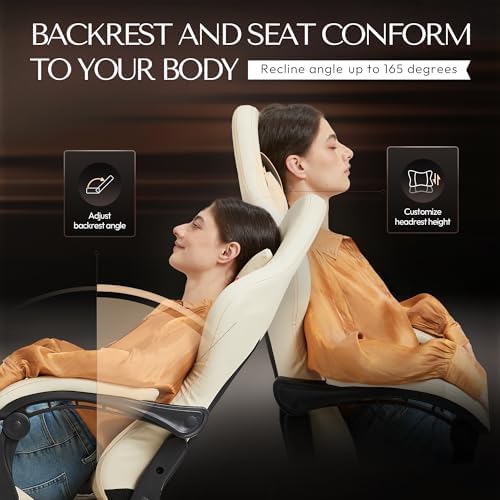Dowinx Big & Tall Vintage Gaming Chair for Adults, 400 lb Capacity Heavy Duty Ergonomic Computer Chair with Massage Lumbar, Footrest & Easy Side Recline, Ivory Beige