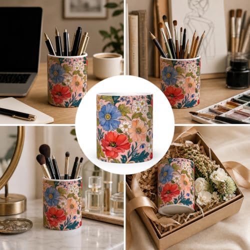 Pen Holder for Desk Ceramic Pencil Cup, Cute Makeup Brush Desk Organizer, Desk Accessories, School Supplies, Teacher Appreciation Gifts, Birthday Christmas Gift for Women (Pink-Flower)