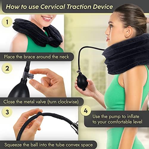 Cervical Neck Traction Device & Posture Corrector for Women and Men, Inflatable Neck Stretcher Brace for Decompression, Adjustable Upper Back Brace & Elastic Support (Carbon Black)