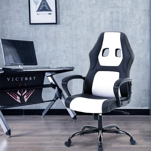 White Massage Gaming Chair for Kids, Ergonomic Office Chair Computer Chair with Adjustable High Back & Armrest, PU Leather Gamer Chair with 360°Swivel, Heavy Duty Gaming Chairs for Adults, Teens
