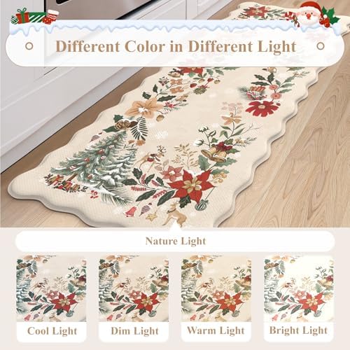 KIMODE Anti Fatigue Kitchen Mats, Christmas Decor Kitchen Floor Mats 17"x47"+17"x29", Farmhouse Tree Kitchen Rugs Sets of 2, Padded Standing Mats for Christmas Decorations Laundry Office Beige