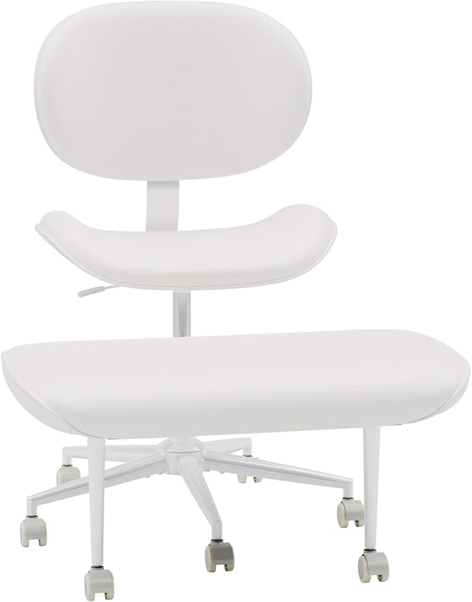 Pinmoco Cross-Legged Meditation Chair, ADHD Friendly Armless Office Chair with Footrest, PU Leather Wide Seat Desk Chair for Focus, Calm Sitting & Home Office, Off White
